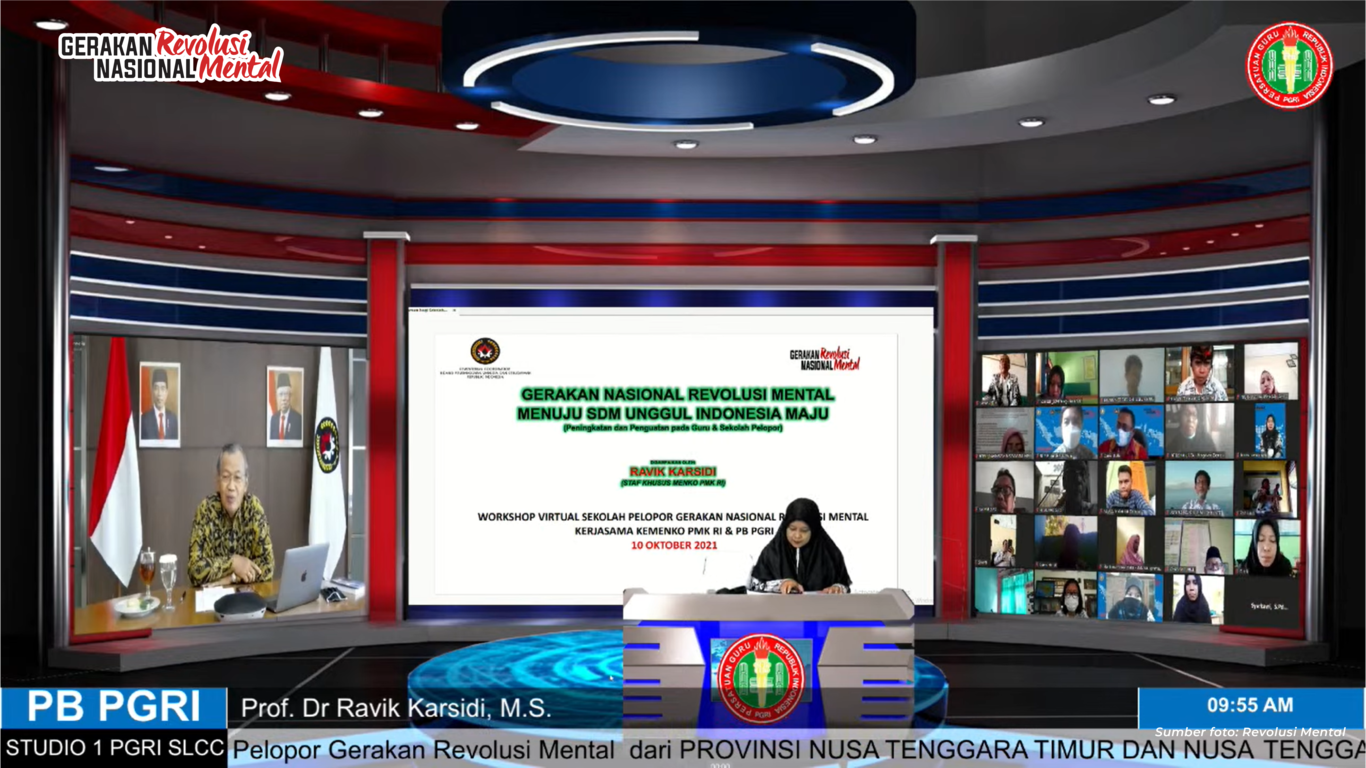Staf Khusus Menko PMK, Prof. Ravik Karsidi  hadir sebagai sebagai pembicara dalam workshop virtual “Sekolah Pelopor Gerakan Nasional Revolusi Mental” oleh Persatuan Guru Republik Indonesia (PGRI)